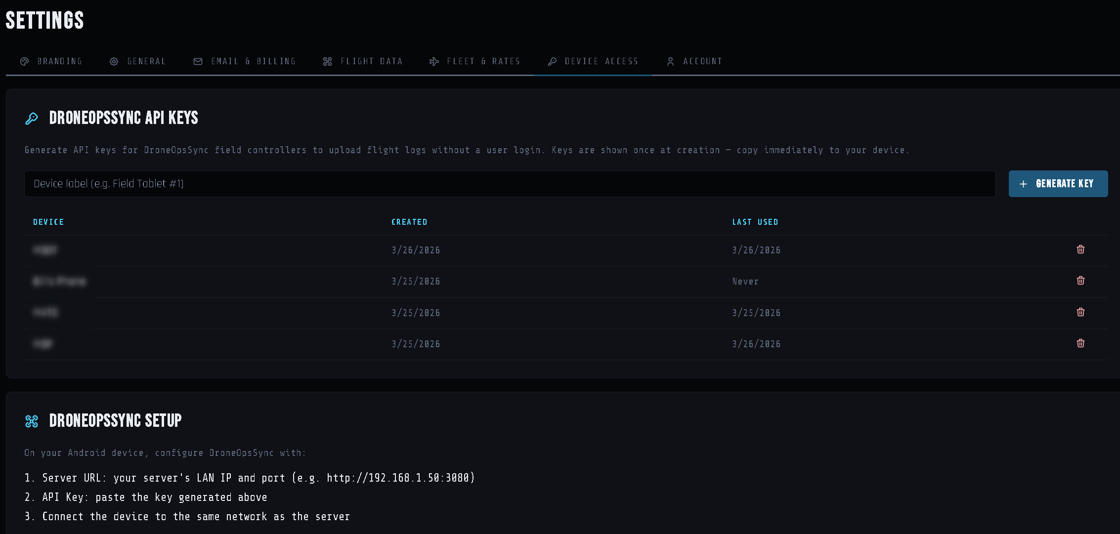DroneOps Command Settings Fleet