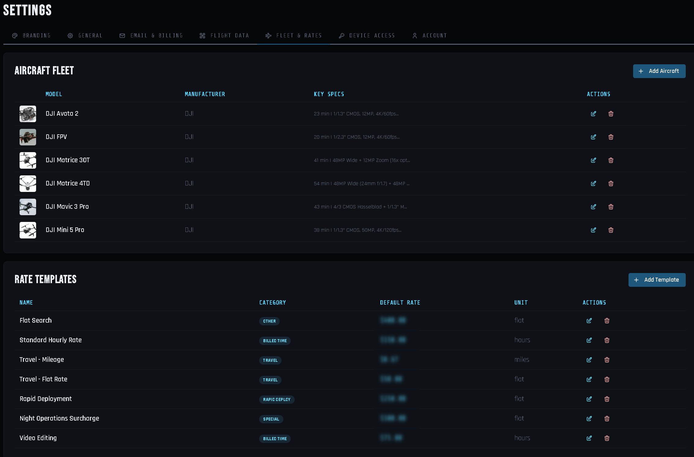 DroneOps Command Settings Flight Data